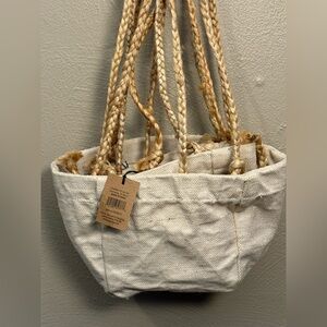 NWT Creative Co-Op Round Jute and Cotton Hanging Planters, Natural Set of 3